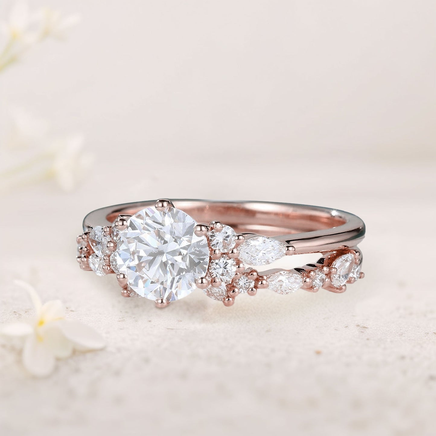 Unique Round Forever One Moissanite Bridal Ring Set Cluster Engagement Ring