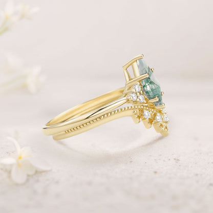 Vintage Floral Signature Kite Moss Agate Engagement Ring Set