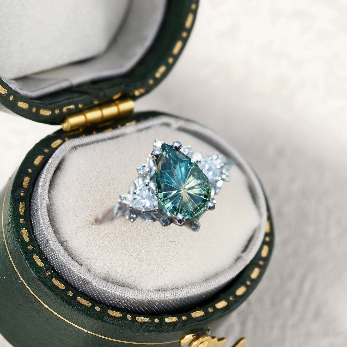 Unique Briar Rose Starbrite Cut Pear Green Lab Sapphire Ring