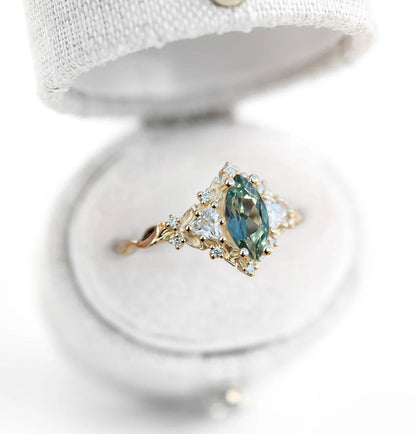 Unique Floral Rose Three Stone Marquise Lab Green Sapphire and Moissanite Ring