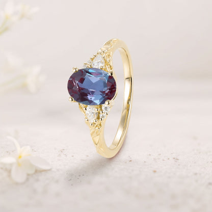 Unique Oval Lab Alexandrite and Moissanite Wedding Ring