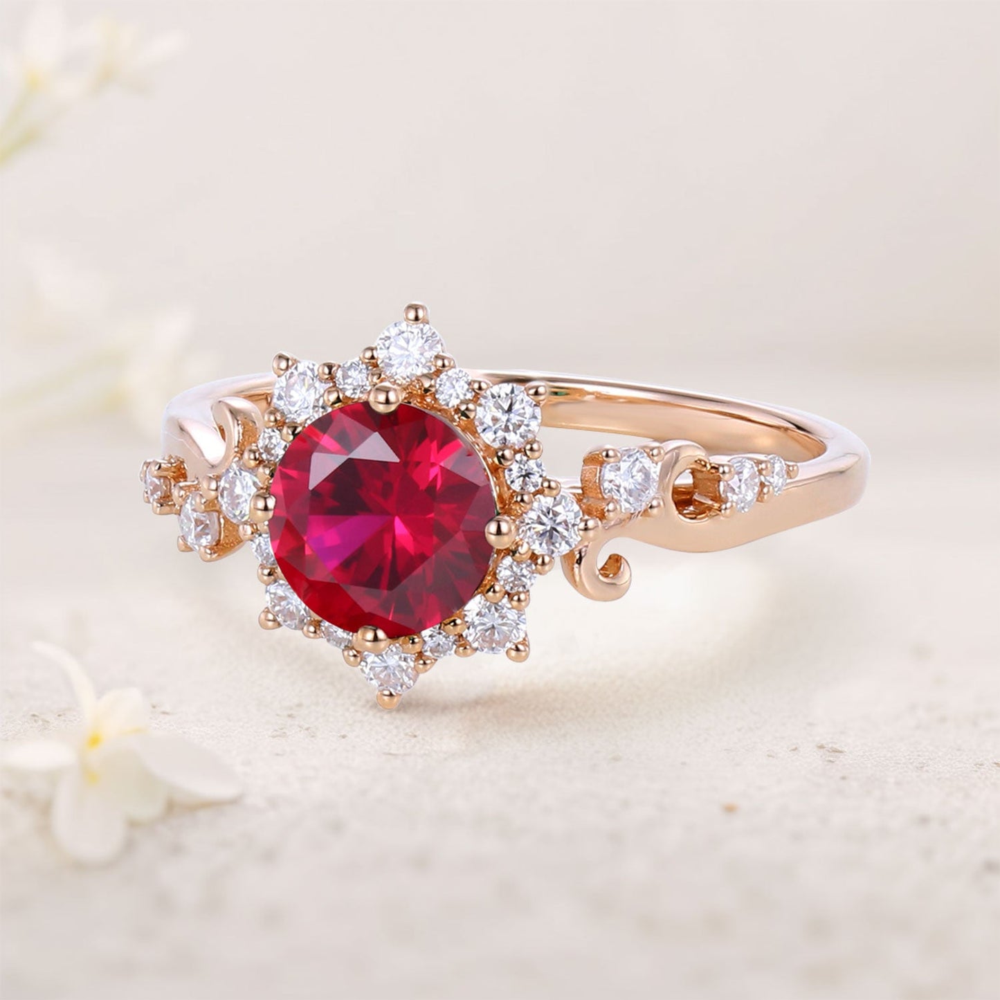 Unique Round Lab Ruby Halo Engagement Ring Romantic Elegance Ring