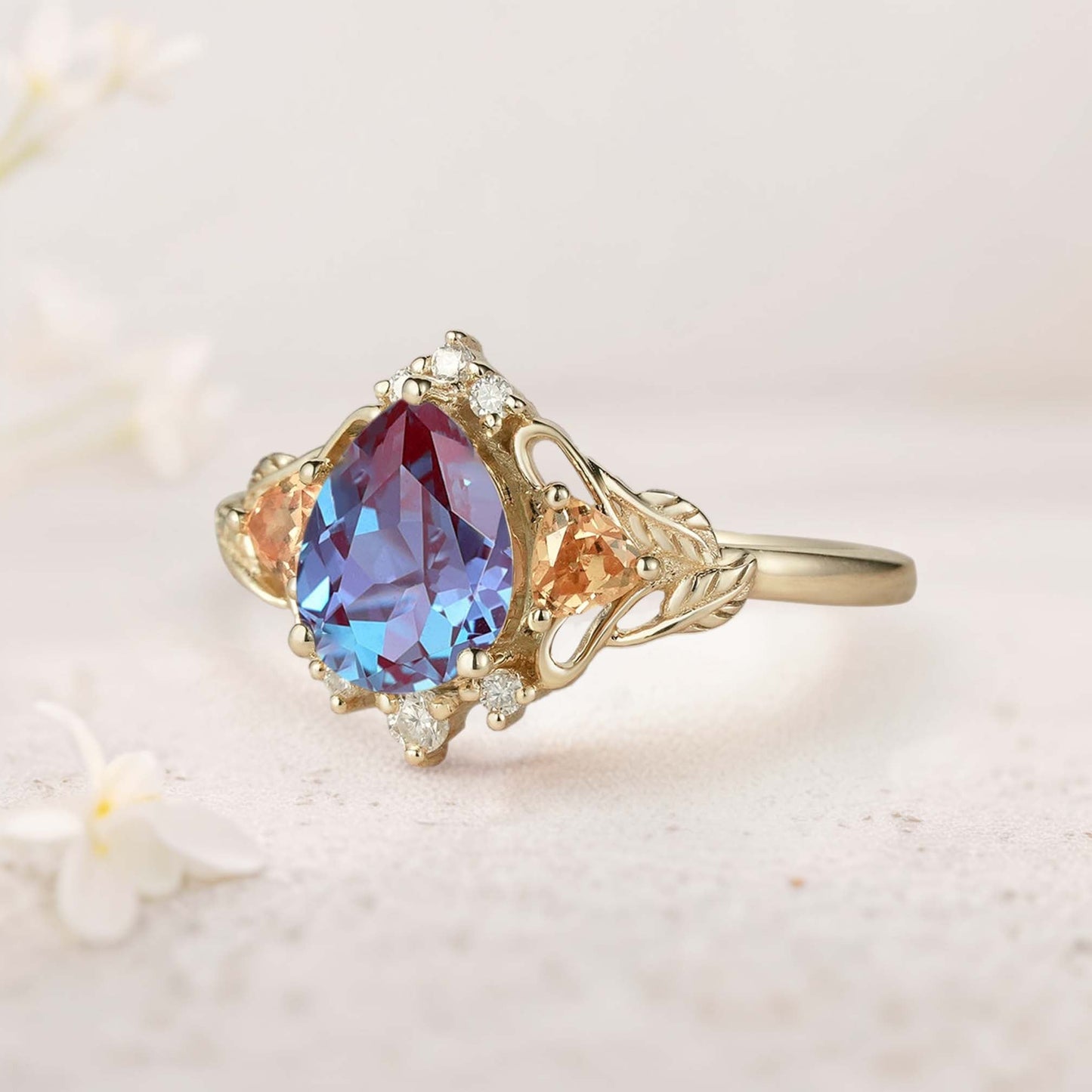 Unique Pear Lab Alexandrite Leaf Ring Engagement Ring