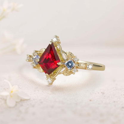 Unique Kite Three Stone Ruby Leaf Ring