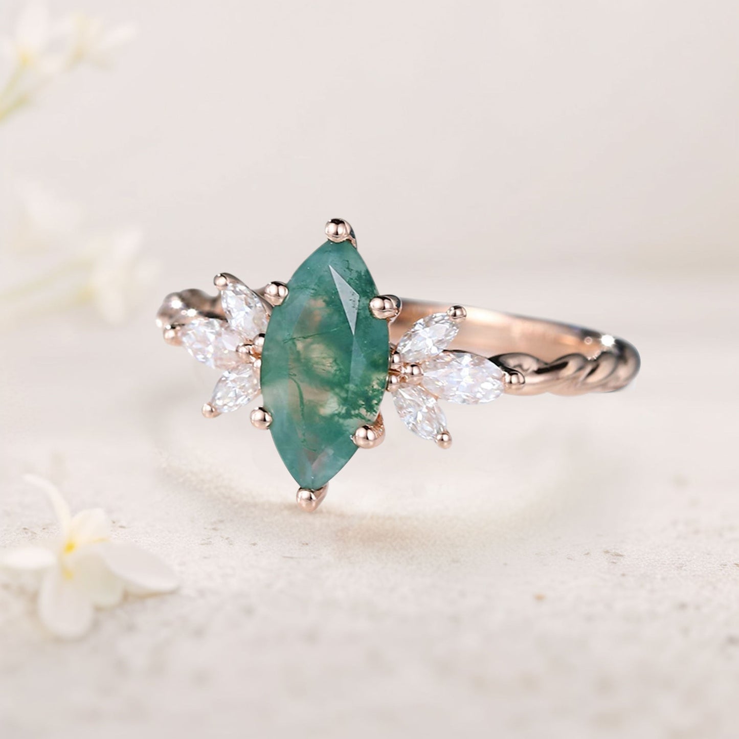 Unique Marquise Moss Agate Ring Twisted Engagement Ring