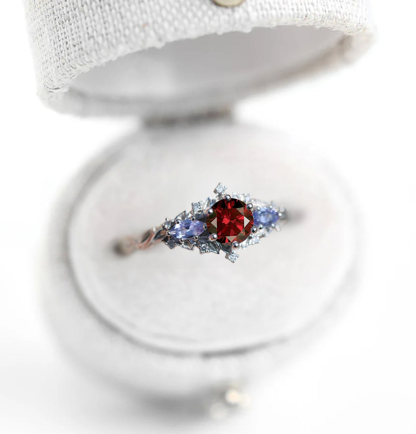 Unique Briar Rose Three Stone Round Garnet and Lab Tanzanite Anniversary Ring