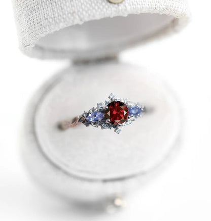 Unique Briar Rose Three Stone Round Garnet and Lab Tanzanite Anniversary Ring
