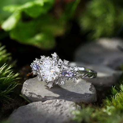 Unique Briar Rose Three Stone Round Moissanite Ring