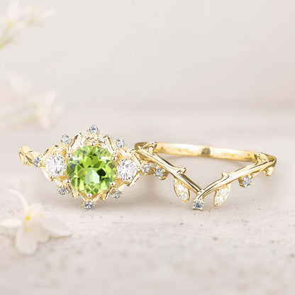 Unique Round Peridot Leaf Engagement Ring Set Moissanite Cluster Flower Wedding Ring Set