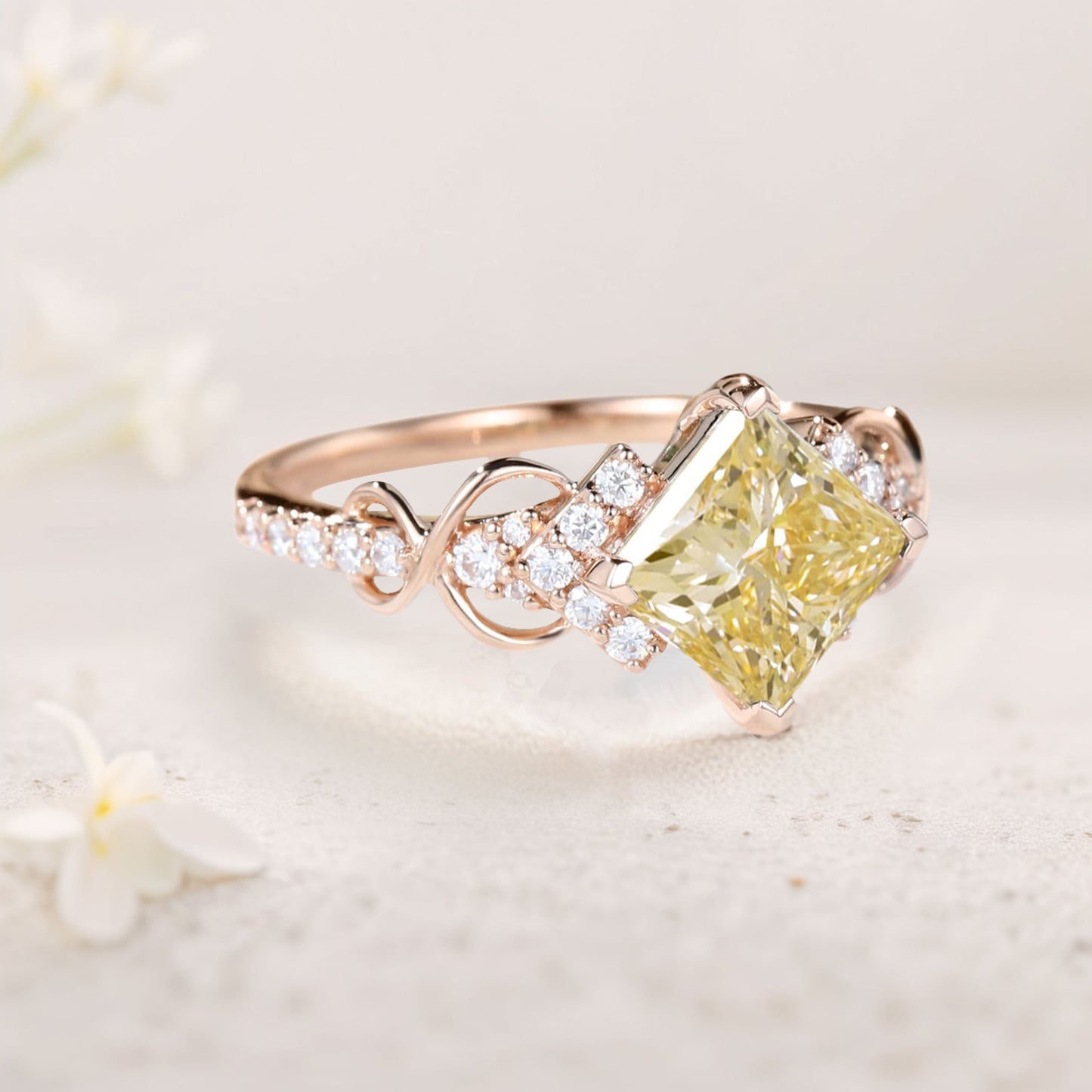Vintage Princess Citrine Pave Engagement Rings Infinity Wedding Band