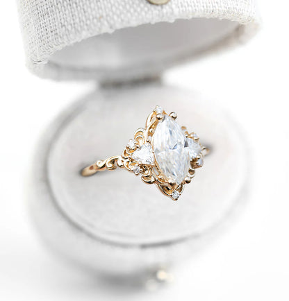 Unique Aurora Three Stone Marquise Moissanite Ring