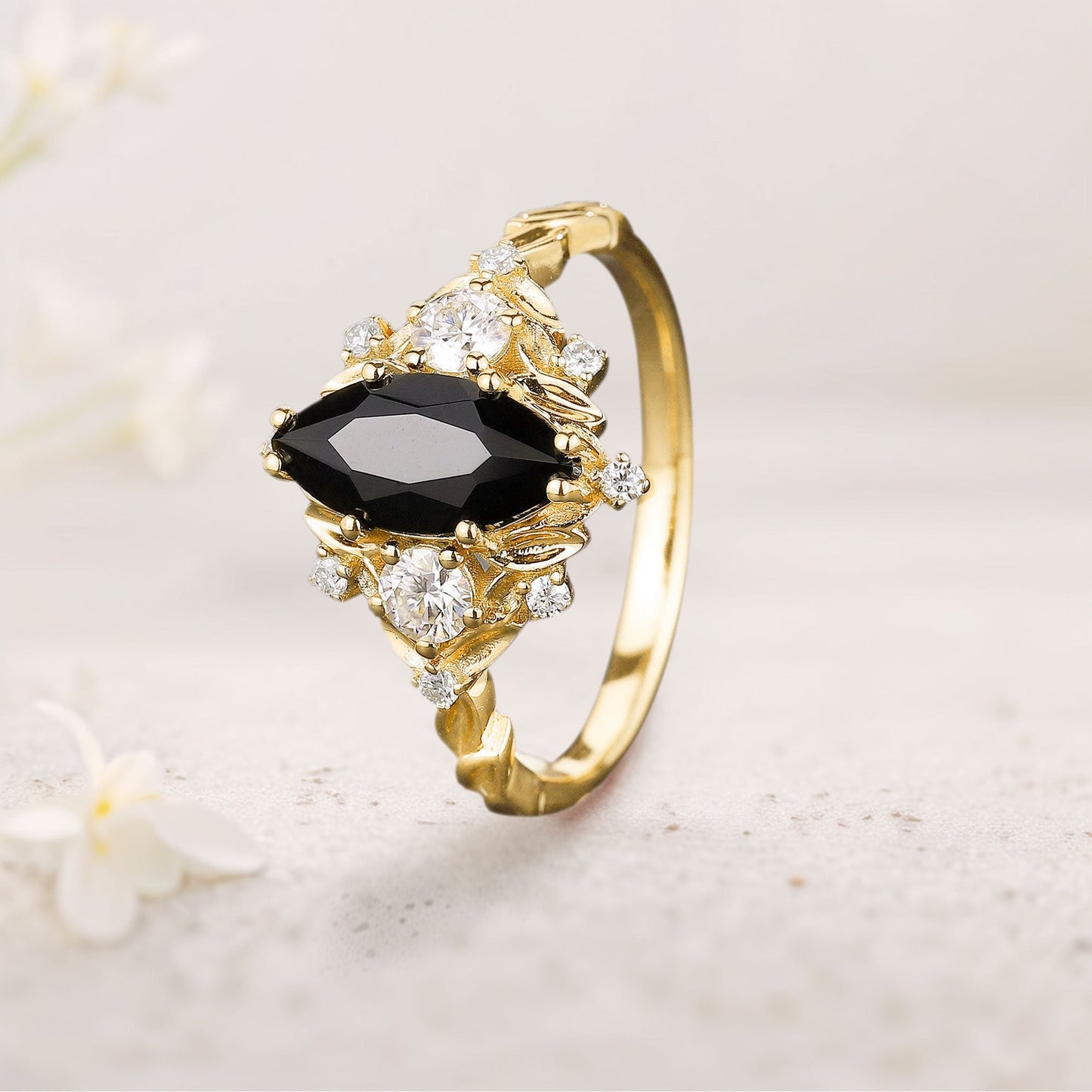 Unique floral engagement rings Marquise Black Onyx Ring Brilliant Moissanite Cluster Leaf Wedding Ring