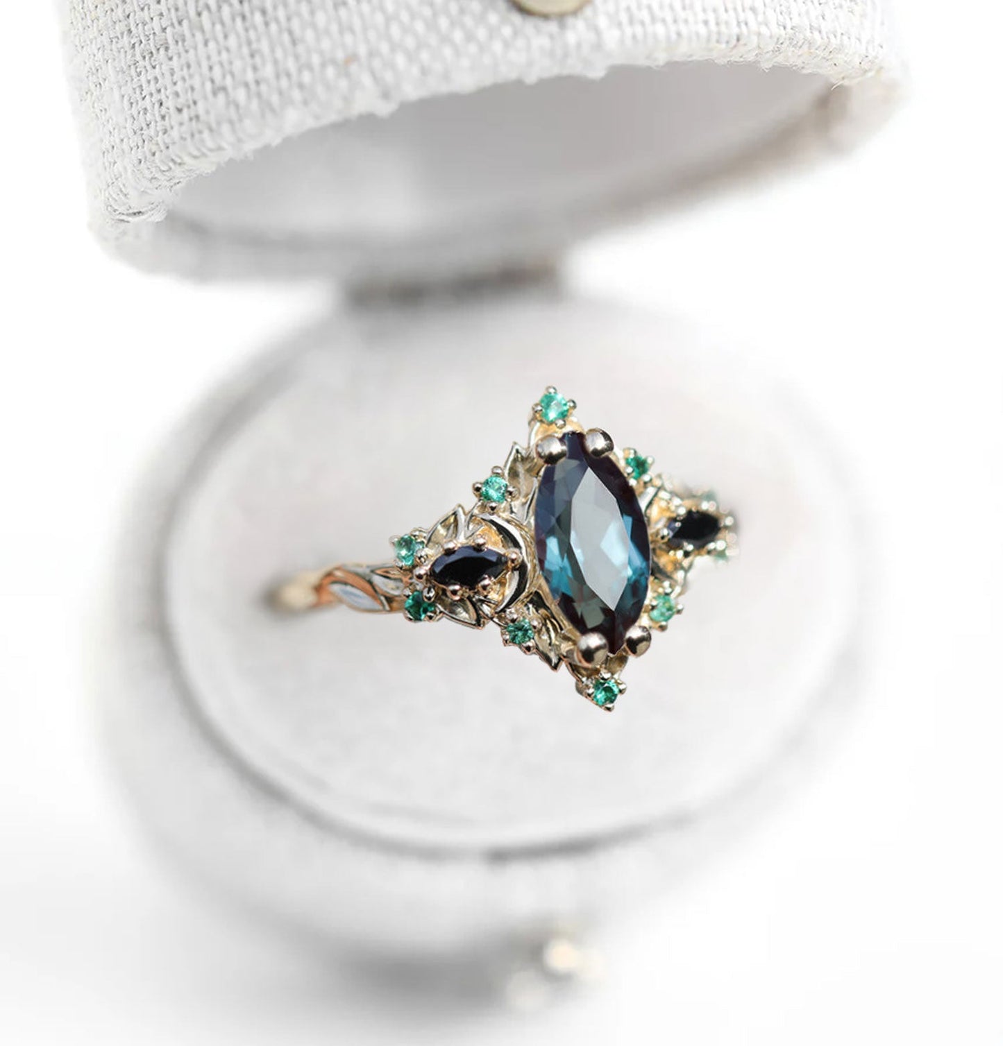 Unique Briar Moon Three Stone Marquise Lab Alexandrite and Lab Emerald Ring