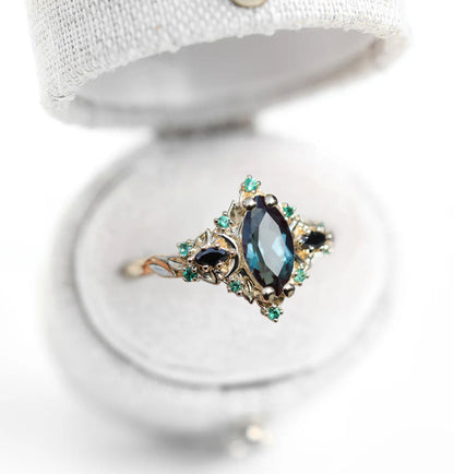 Unique Briar Moon Three Stone Marquise Lab Alexandrite and Lab Emerald Ring