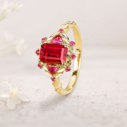 Unique floral engagement rings Emerald Cut Ruby Floral Engagement Ring Ruby Halo Wedding Ring