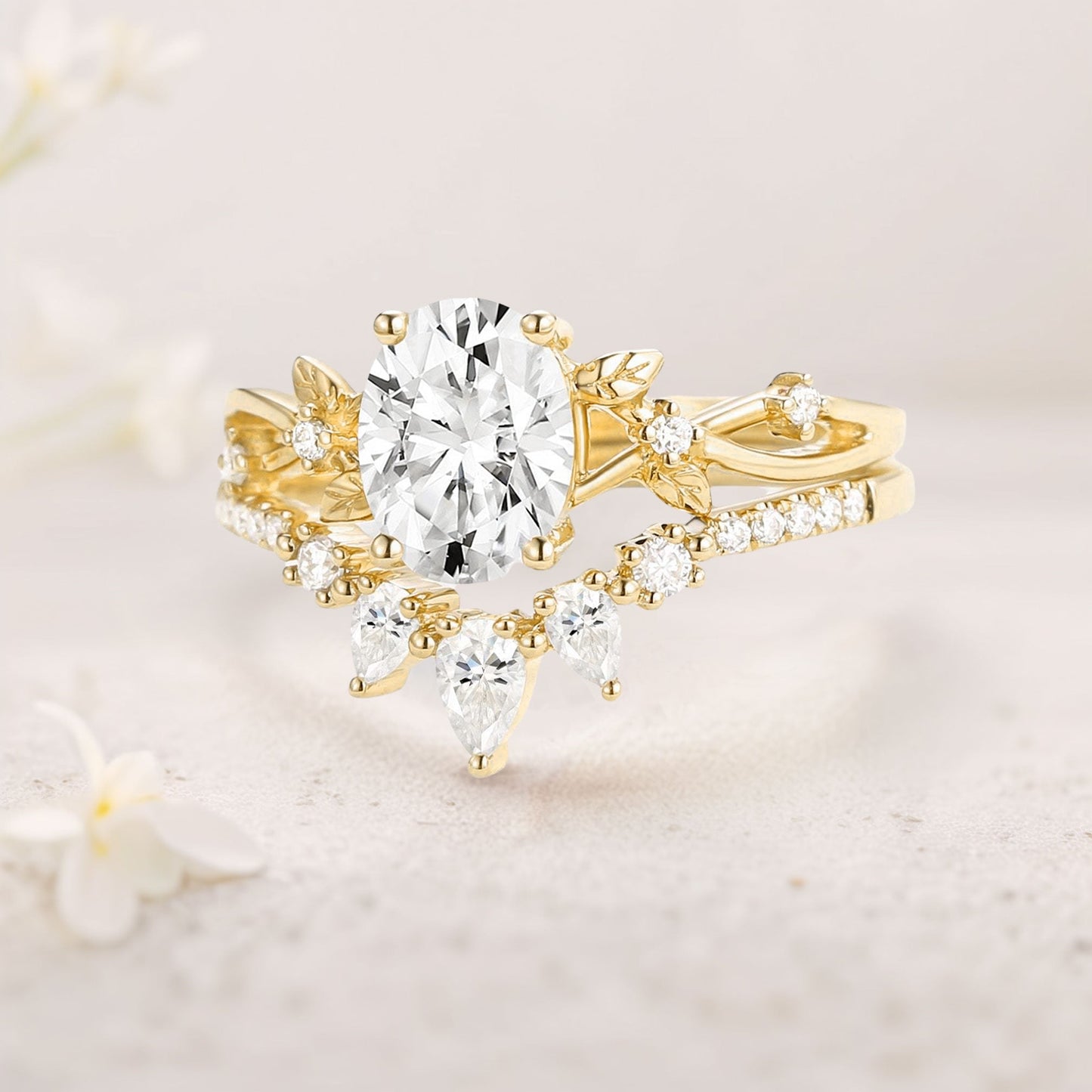 Unique floral engagement rings Oval Moissanite Leafy Wedding Ring Bridal Ring Set