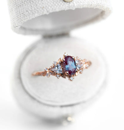 Unique Floral Rose Oval Lab Alexandrite and Moissanite Ring