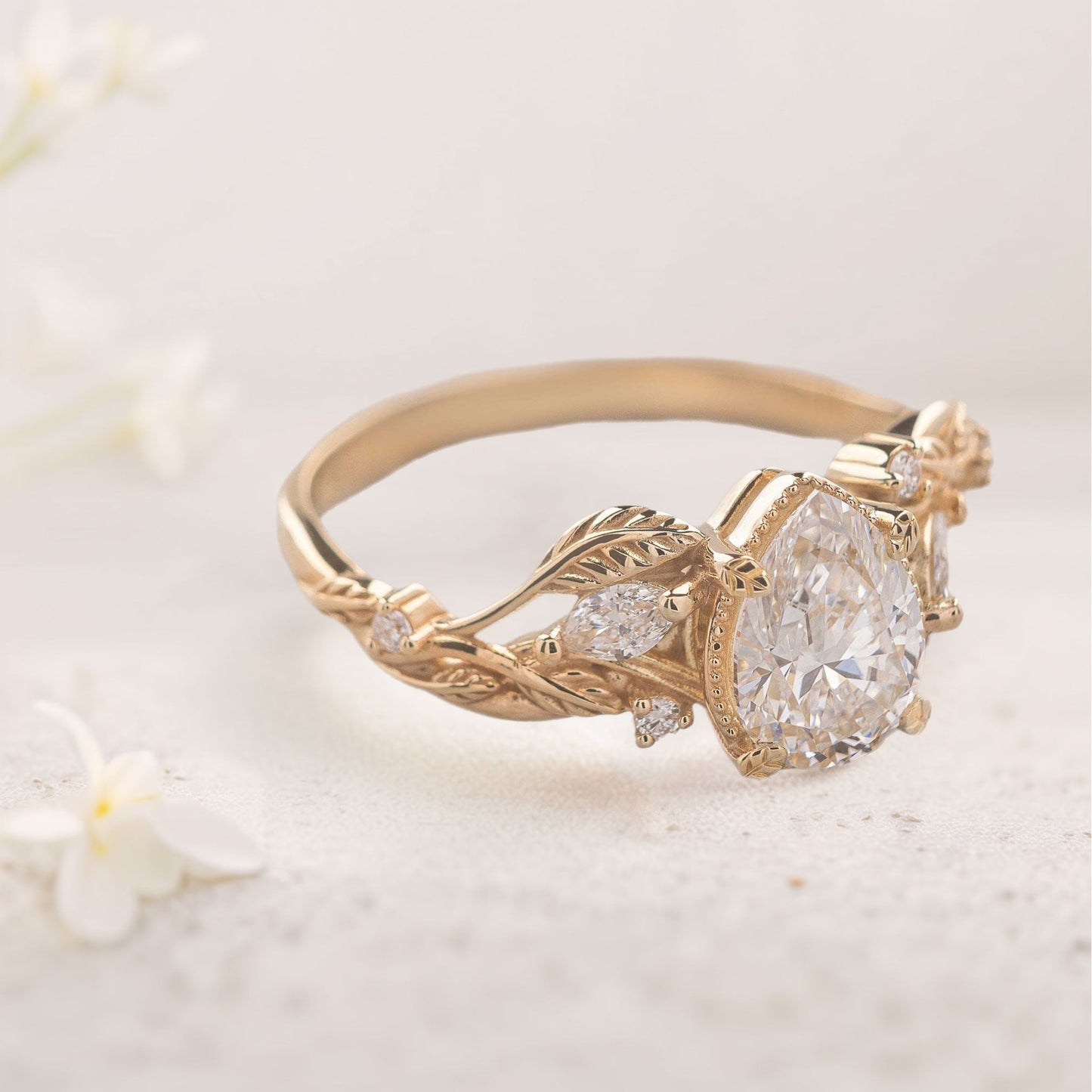 Unique Pear Moissanite With leaves Engagement Ring Wedding Ring