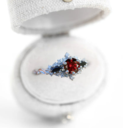 Unique Celeste Rose Round Garnet and Black Moissanite Ring