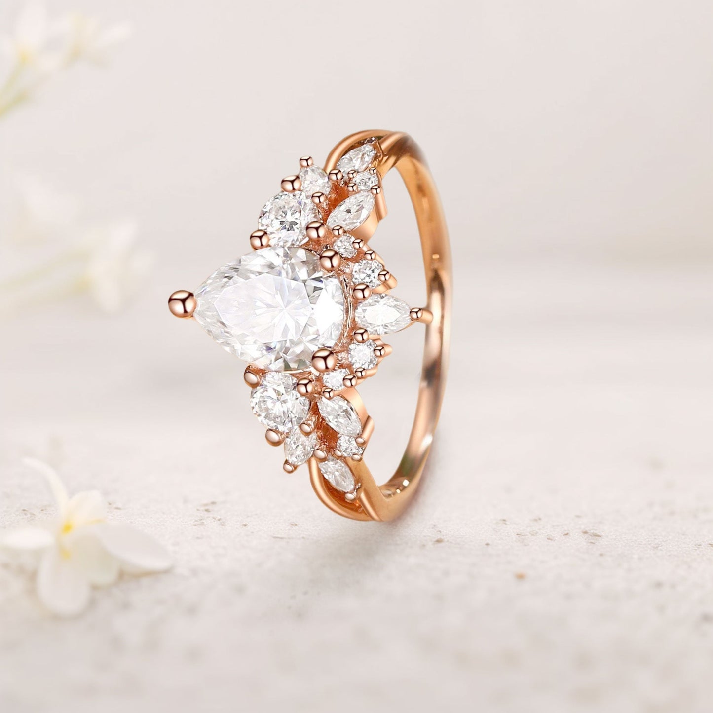 Unique floral Three Stone Pear Moissanite Cluster Engagement Ring