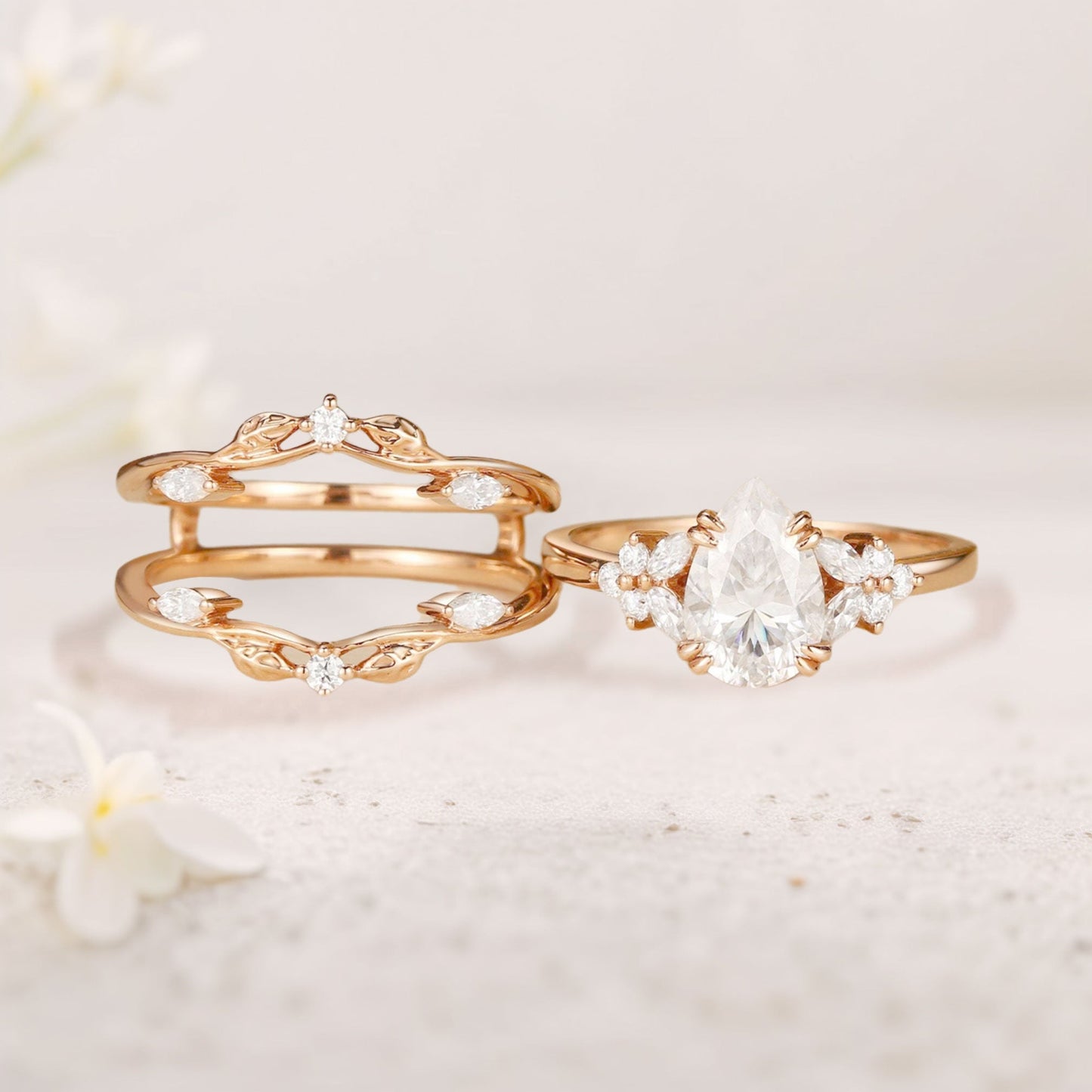 Vintage floral engagement rings Pear Moissanite Fairy Ring Set