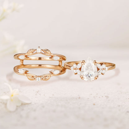 Vintage floral engagement rings Pear Moissanite Fairy Ring Set
