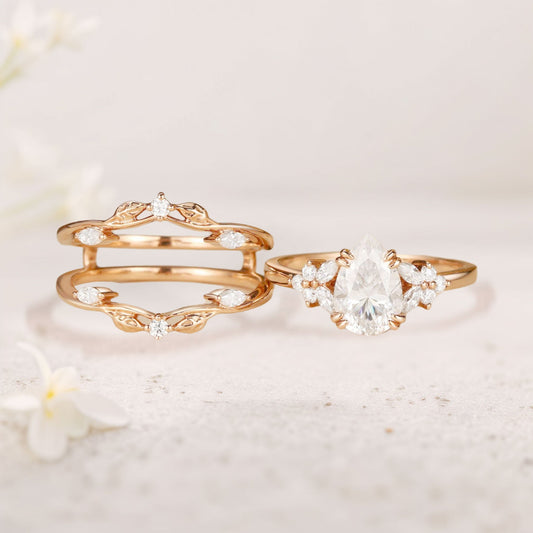 Vintage floral engagement rings Pear Moissanite Fairy Ring Set