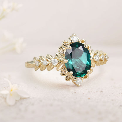 Unique Elegant Royal Oval Lab Emerald Filigree Leaf Engagement Ring