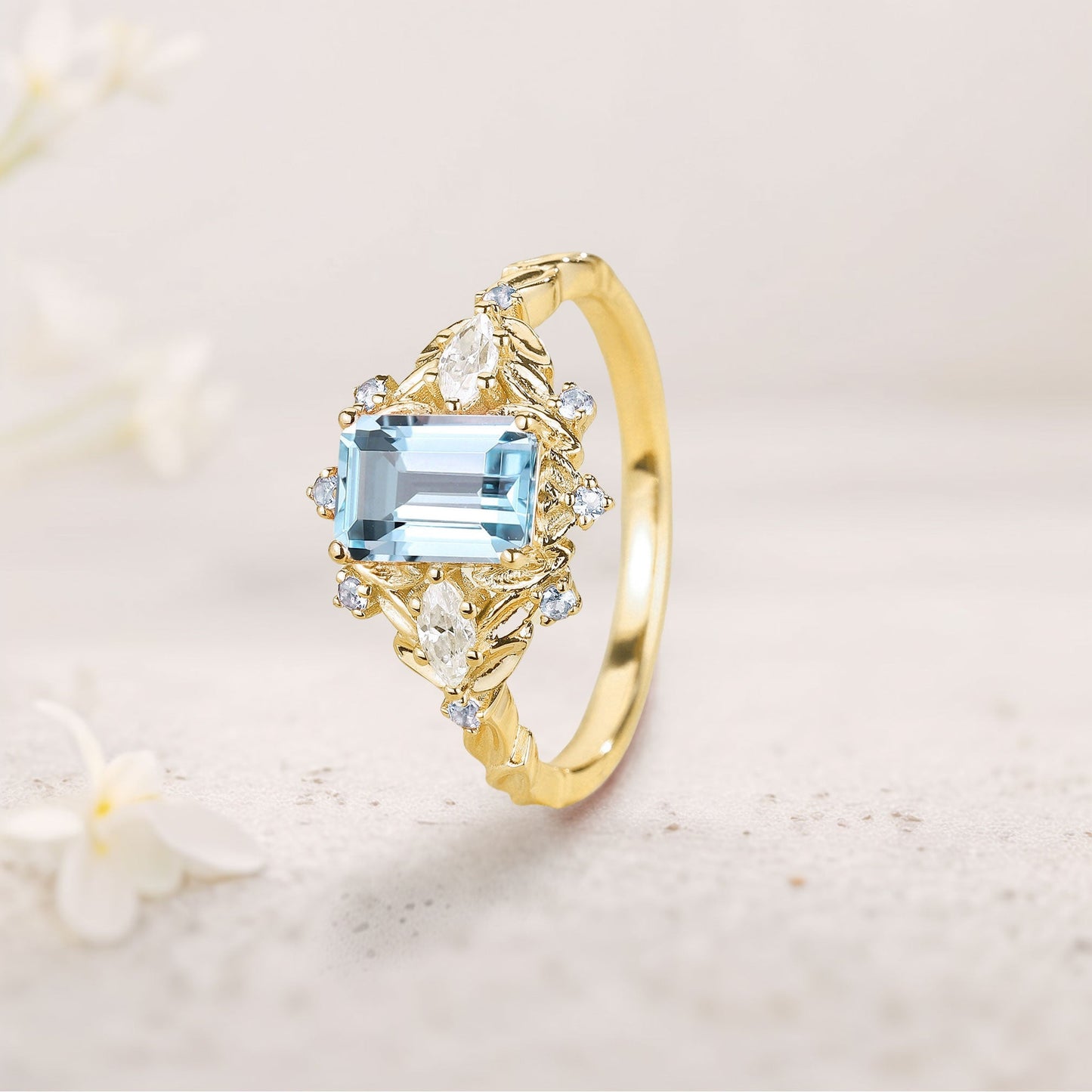 Unique floral engagement rings Emerald Cut Lab Aquamarine Flower Engagement Ring Aquamarine Halo Leaf Wedding Ring