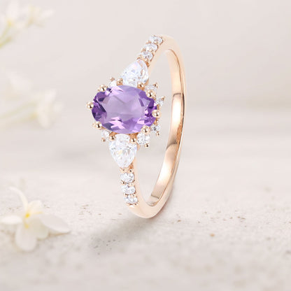 Unique Oval Amethyst Engagement Ring Bridal Ring