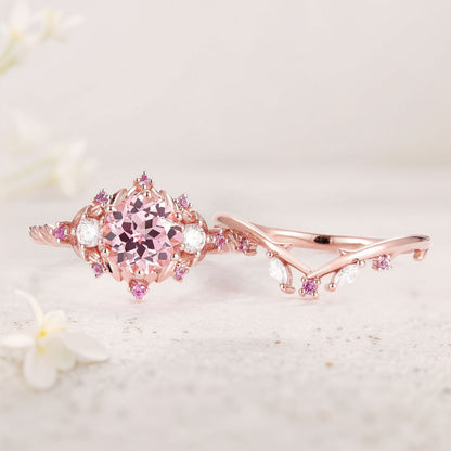 Unique floral engagement rings Round Lab Padparadscha and Moissanite Engagement Ring Set