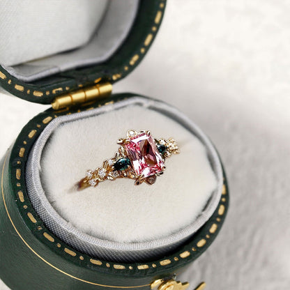 Vintage Emerald Cut Lab Padparadscha Engagement Ring Flower Wedding Ring