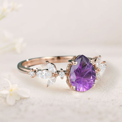 Unique Pear Amethyst Engagement Ring Moissanite Side Stone Ring