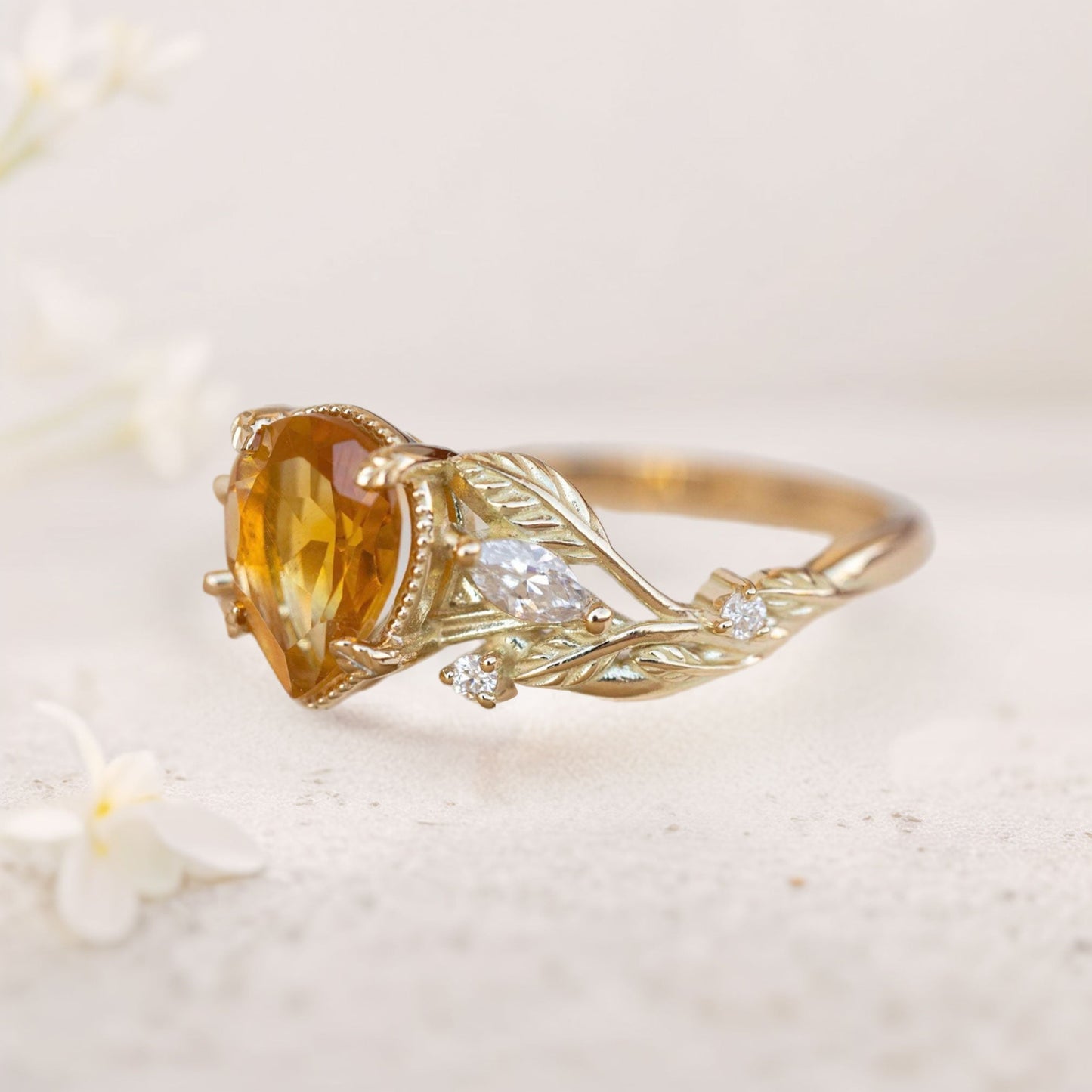 Unique floral engagement rings Pear Citrine Engagement Ring flower Ring