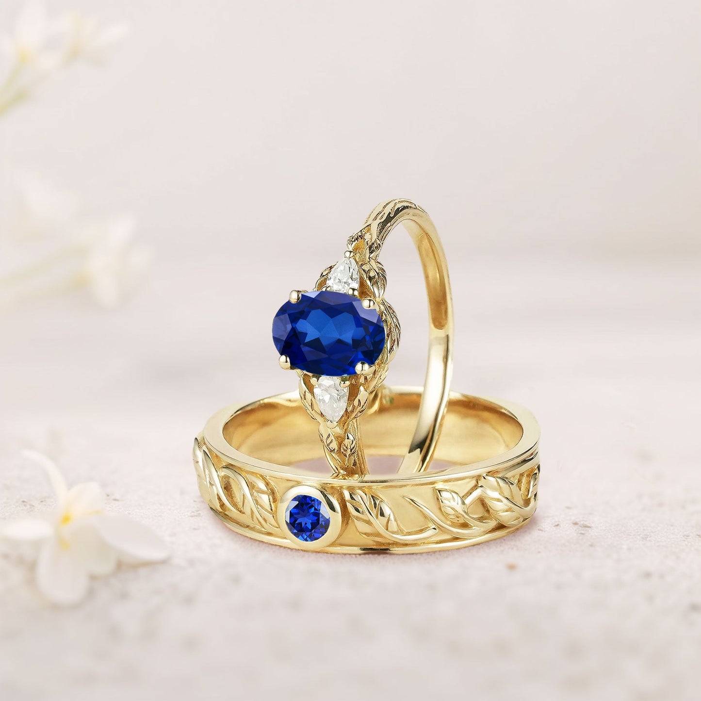 Unique Leaf Design Oval Lab Sapphire and Moissanite Wedding Ring Promise Ring for Couples