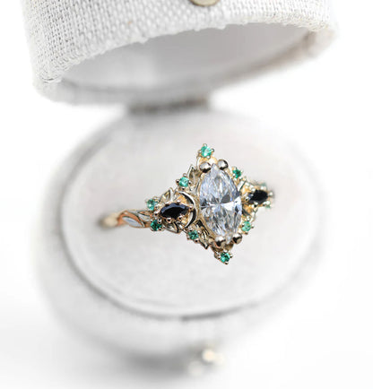 Unique Briar Moon Three Stone Marquise Moissanite and Lab Emerald Ring