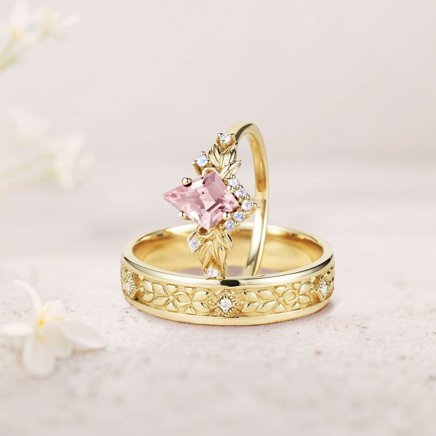 Vintage Kite Lab Padparadscha Promise Ring Engagement Ring Set for Couples