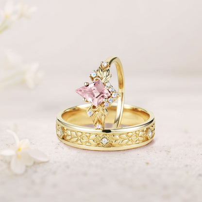 Vintage Kite Lab Padparadscha Promise Ring Engagement Ring Set for Couples