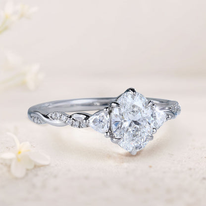 Unique Three Stone Oval Moissanite Ring  Engagement Ring