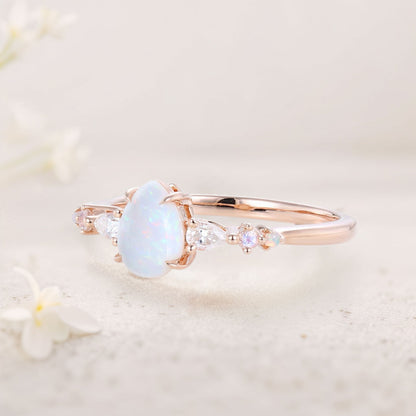 Vintage Pear Lab Opal and Moissanite Engagement Ring