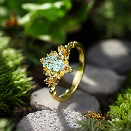 Unique Briar Rose Halo Oval Green Lab Sapphire Ring