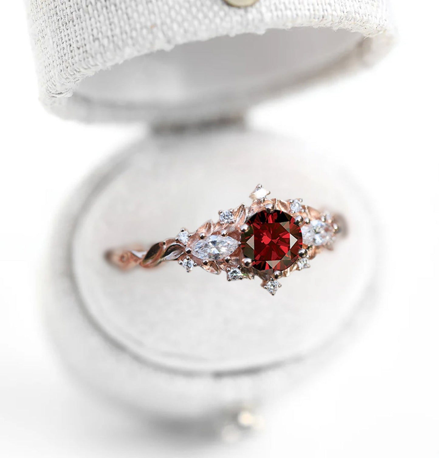 Unique Briar Rose Three Stone Round Garnet Engagement Ring