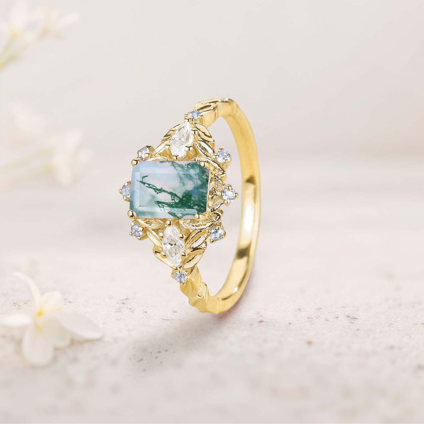 Unique floral engagement rings Emerald Cut Moss Agate Flower Engagement Ring Leaf Wedding Ring