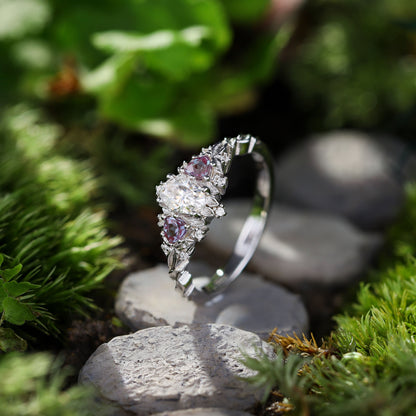 Unique Briar Rose Three Stone Oval Moissanite and Lab Alexandrite Wedding Ring