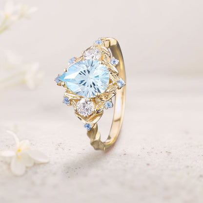 Unique Pear Lab Aquamarine Cluster Leaf Wedding Ring Handmade Anniversary Ring Gift For Women