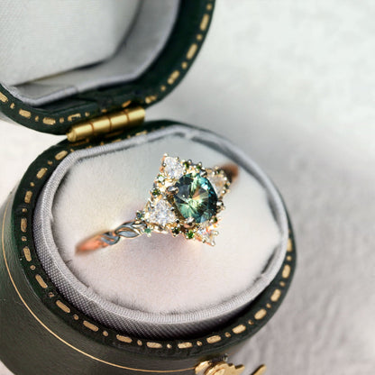Unique floral engagement rings Enchanted Briar Round Green Lab Sapphire Ring