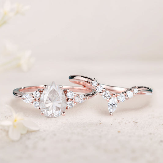 Unique Pear Forever One Moissanite Bridal Ring Set Cluster Engagement Ring