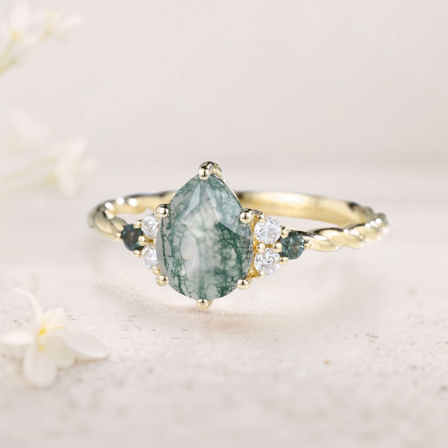 Vintage Pear Moss Agate Twisted Engagement Ring