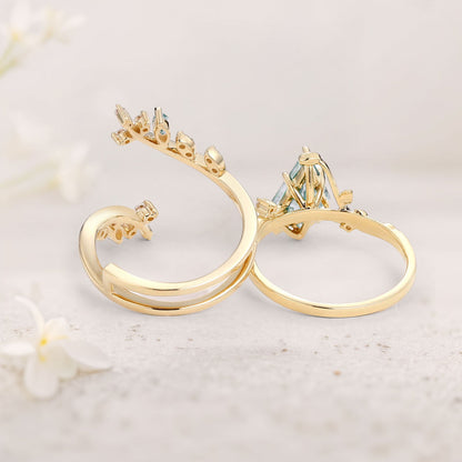 Unique floral engagement rings Kite Moss Agate Cage Leafy Engagement Ring Set