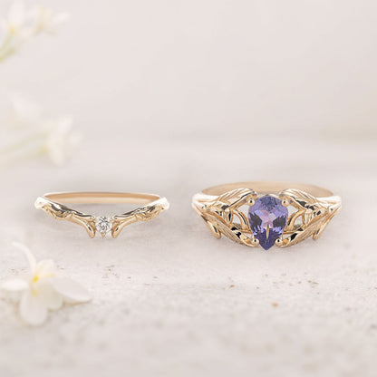 Unique floral engagement rings Pear Purple Lab Tanzanite engagement ring with Moissanite wedding Set